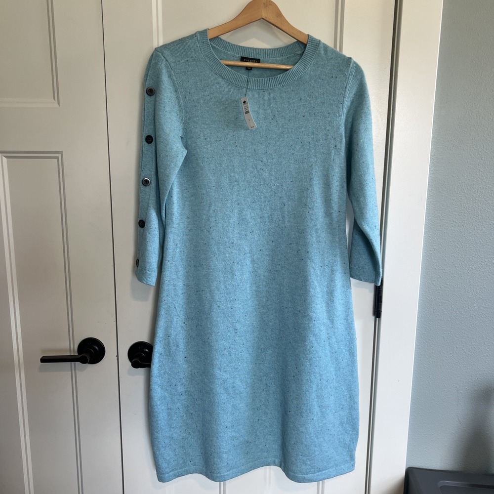 Talbots Sweater Dress‎ Small Marled Blue Cotton Knit Long Sleeve Buttons